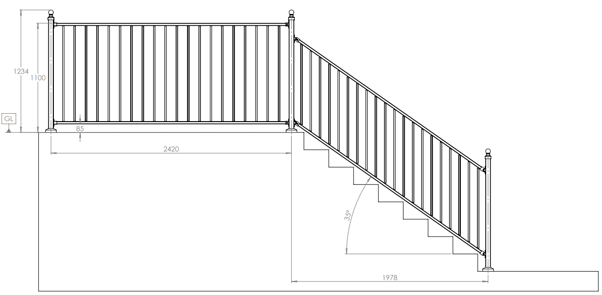 Fortitude traditional metal railings technical drawing 